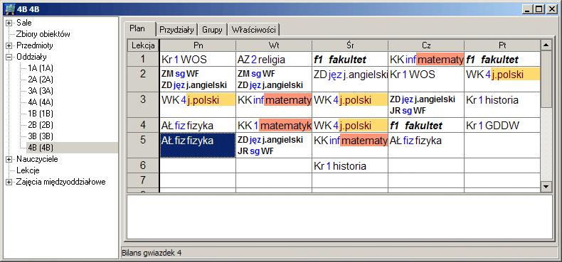 Szybki wybór obiektu, którego plan lub inne dane chcemy wyświetlać Rysunek 10. W planie klasy 4B wyróżniono kolorami lekcje j. polskiego i matematyki.
