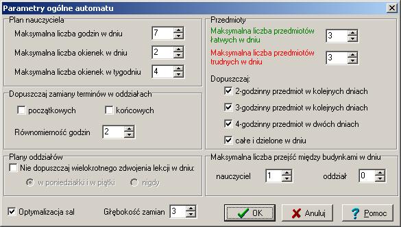 Parametry automatu Maksymalna liczba okienek w tygodniu określa maksymalną liczbę okienek w planie nauczyciela (nie dotyczy nauczycieli, dla których wartość tę ustalono indywidualnie).