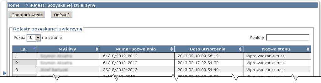 Rys. 33. Wprowadzanie nowego polowania Pojawi się tabela z listą myśliwych oraz posiadanych przez nich nierozliczonych jeszcze upoważnień do polowania.