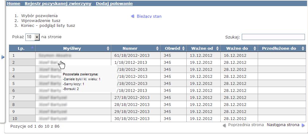 Lista myśliwych Po kliknięciu w dowolnym miejscu na wybranym upoważnieniu zostanie stworzona informacja o pomyślnym polowaniu wskazanego myśliwego.