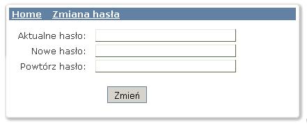 Odnośnik Zmiana hasła, umieszczony również w nagłówku strony, umożliwia użytkownikowi zmianę własnego hasła dostępu do programu. Rys. 4.