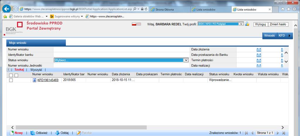3) - umożliwia wyszukanie wniosków, które aktualnie