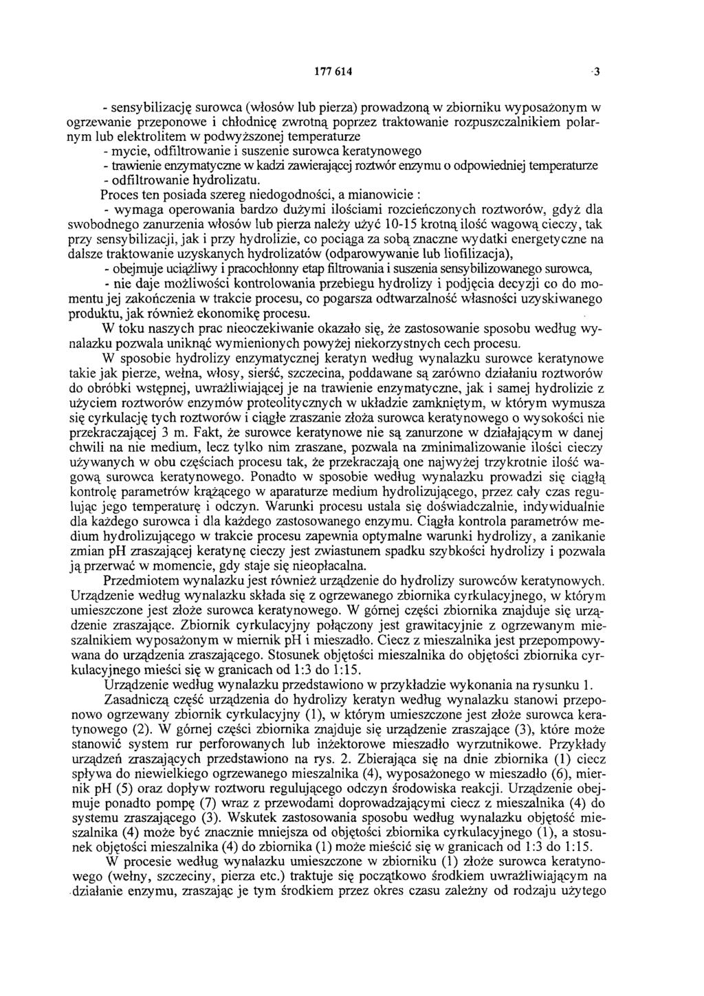 177 614-3 - sensybilizację surowca (włosów lub pierza) prowadzoną w zbiorniku wyposażonym w ogrzewanie przeponowe i chłodnicę zwrotną poprzez traktowanie rozpuszczalnikiem polarnym lub elektrolitem w