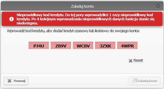 Nieprawidłowy kod KeyCredit Jeśli wprowadzono nieprawidłowy kod kredytu, pojawi się komunikat na czerwonym tle (Rys. 51: Doładowanie środków nieprawidłowy kod). Rys.