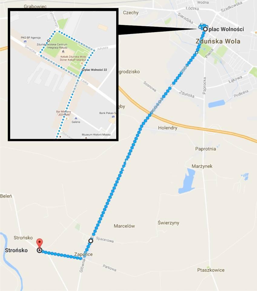 Start Plac Wolności Zduńska Wola Meta Strońsko, pomnik upamiętniający odzyskanie niepodległości przy cmentarzu. Trasa: Długość trasy ok. 10 km. Trasa nieatestowana.