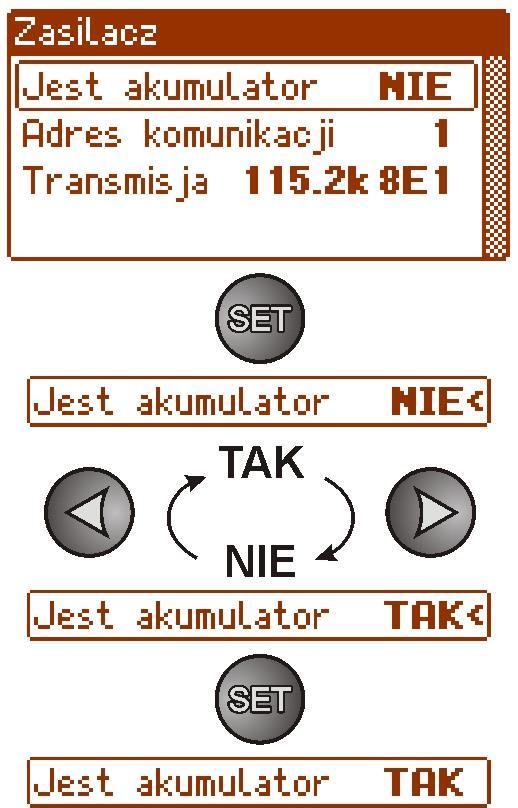 Ekran Zasilacz. Tabela 13. Opis ekranu Zasilacz. Pozycja Opis Dodatkowe informacje Jest TAK akumulator podłączony do zasilacza (patrz rozdz. 7.
