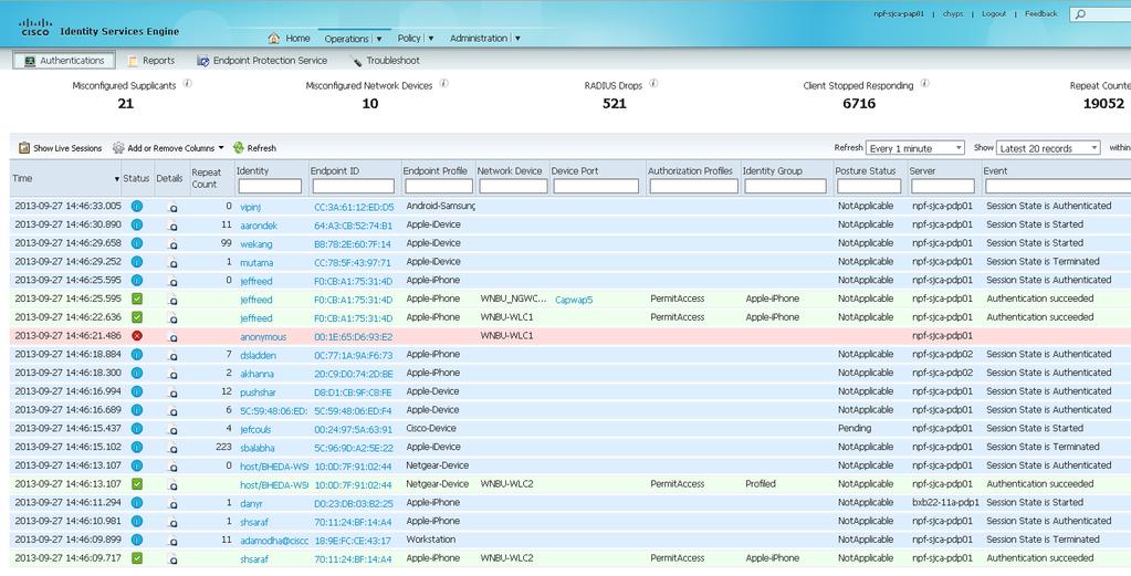 Monitoring zdarzeń w ISE Live