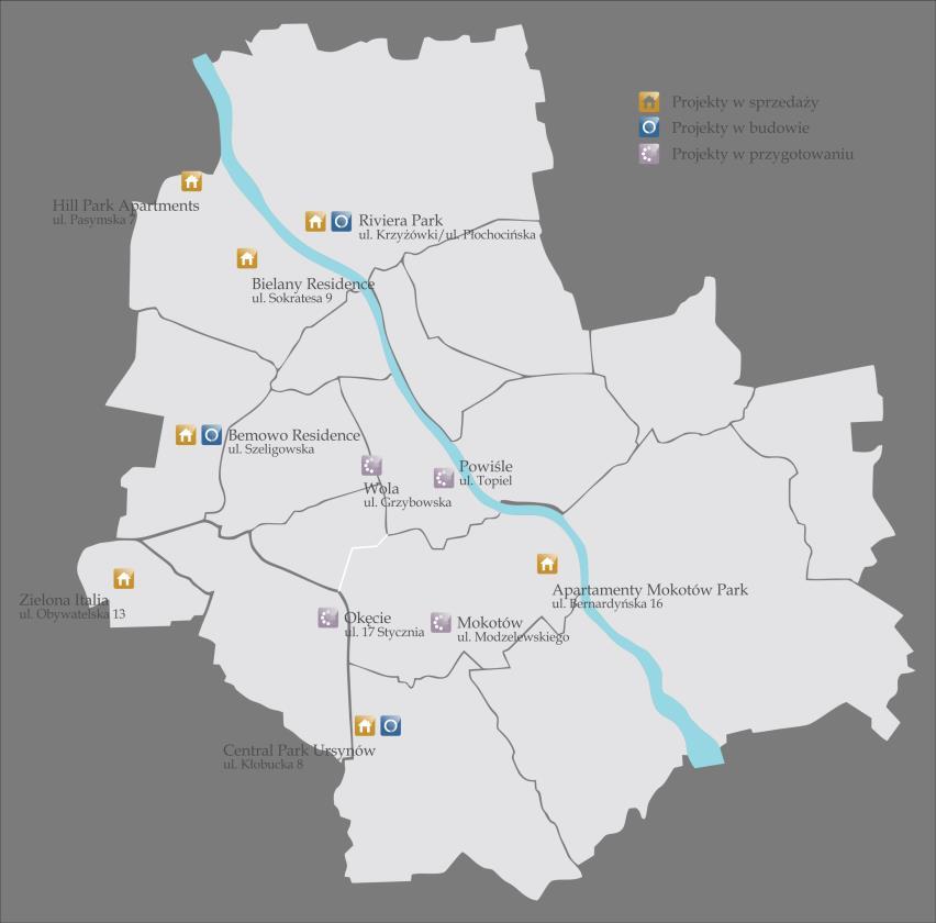ukończone: Apartamenty Mokotów Park, Bielany Residence, Hill Park Apartments, Zielona Italia; wieloetapowy projekt Central Park Ursynów.
