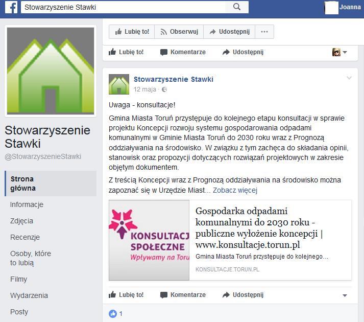 Informacja zamieszczona na fanpage u