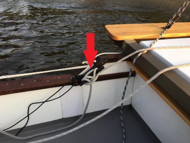 - Szot przechodzi pod hals-liną (obie liny) oraz luźno i bez pętelek wpada do kokpitu - Upewnij się, że pod szczytem