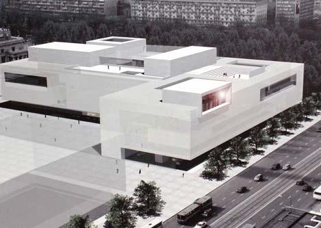 Nowe i zmodernizowane budynki muzealne (przypominających wzory ludowe) do informelu. Za kolumnadą-portykiem otwarta loggia-pasaż łączy Marszałkowską z Pałacem Kultury.