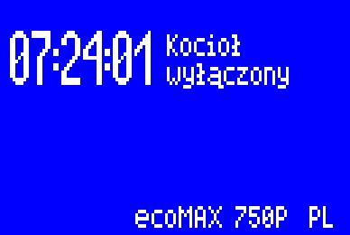 Rys. 3 Ekran regulatora przy wyłączonym kotle W trybie tym realizowana jest funkcja ochrony pomp przed zastaniem polegająca na okresowym ich włączeniu.