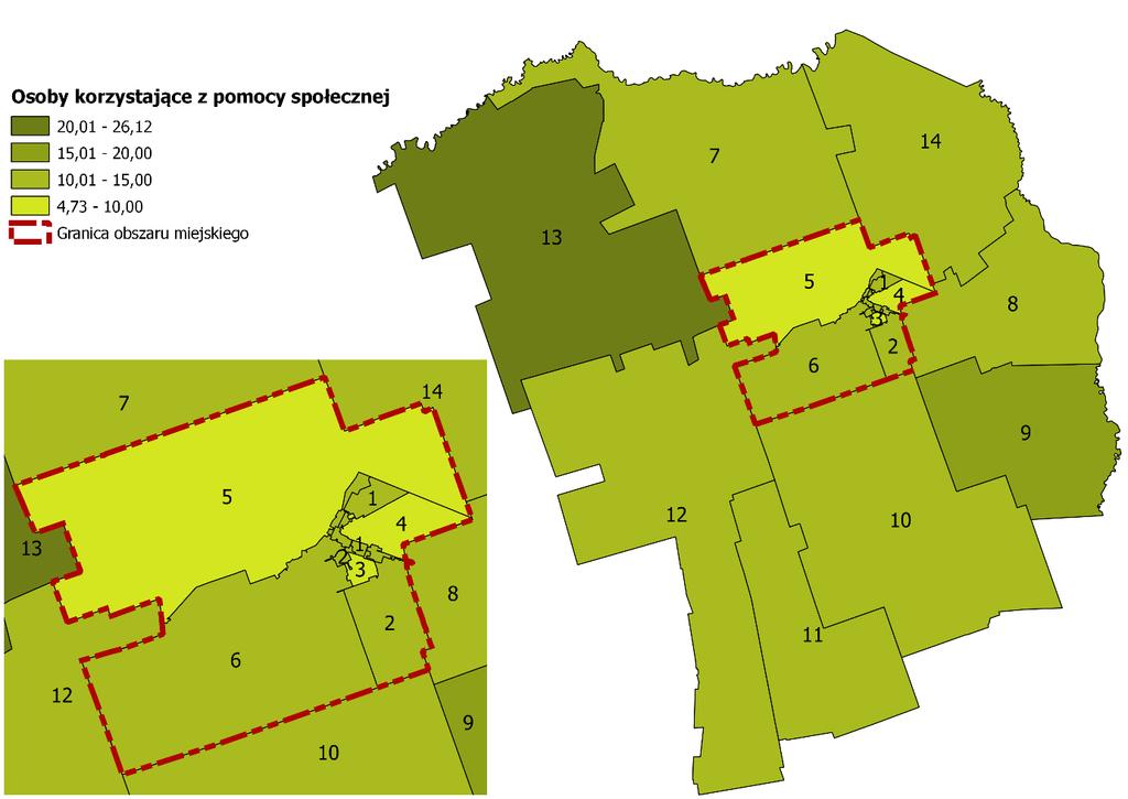 Okręgu 1 (Dąbrowa Białostocka: ul. Kręta, Mała, Ogrodowa, Orzeszkowej, Pl. Kościuszki, Słoneczna, Tysiąclecia PP) 11,9 osób korzystających z pomocy społecznej w przeliczeniu na 100 mieszkańców okręgu.