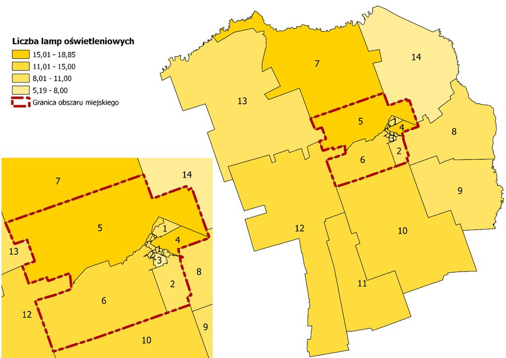 Okręgi, w których znajduje się niższa niż średnia (11,6) liczba ulicznych lamp oświetleniowych przypadających na każde 100 mieszkańców to: Okręg 1 (Dąbrowa Białostocka: ul.