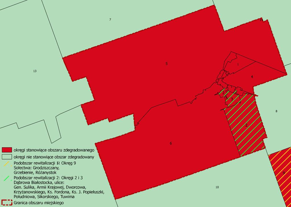 Rysunek 17. Obszar zdegradowany i obszar rewitalizacji wyznaczony w obrębie miasta Dąbrowa Białostocka Źródło: opracowanie własne.