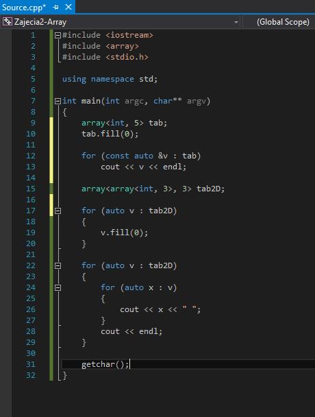 Tablice statyczne (C++ 11, ) Biblioteka array umożliwia stosowanie kontenera o zadanym rozmiarze dowolnego typu Pozwala na wykorzystanie elementów