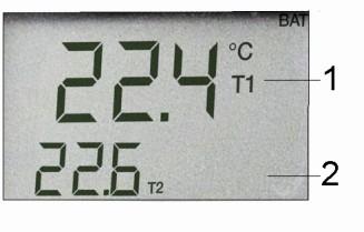 2.3 Dane techniczne: Wymiary: Ciężar: Zasilanie: 175 x 70 x 33 mm 195 g 4 baterie AAA 3. Obsługa 3.1 Wyświetlacz Rys. 3.1: Wyświetlacz 1: wskazanie pierwsze (główne) 2: wskazanie drugie 3.