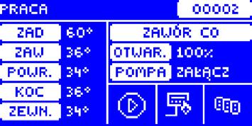 EKRAN OCHRONY POWROTU 1 2 3 7 8 9 1. Stan zaworu jak w ekranie C.O. 2. Aktualna godzina 3. Czujnik C.O. aktualna temperatura kotła 4. Stan pompy (w czasie pracy zmienia położenie) 5.