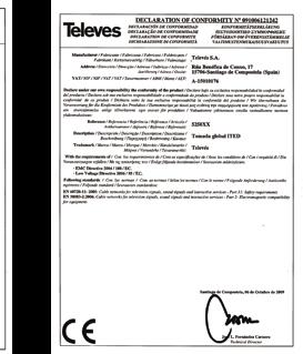 Takie certyfikaty poświadczają zgodność każdego produktu Televés z odpowiadającą mu normą. Podając przykład, Televés może wydać, np.