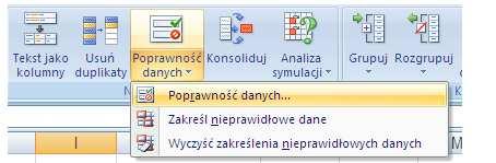 Tam wwjdź do części Narzędzia danych i wskazujemy sekcję Poprawność danych.