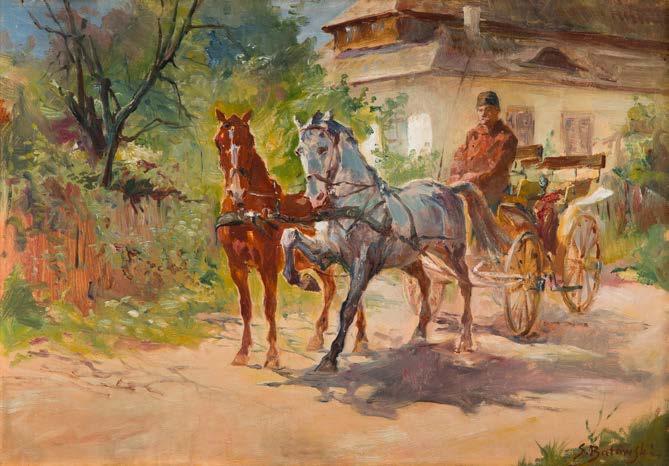 21 STANISŁAW KACZOR-BATOWSKI (1866-1946) Przed dworem olej/płyta, 36 x 50 cm