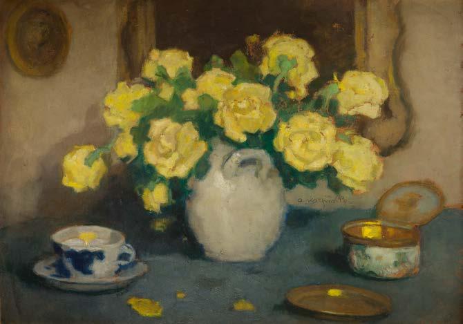 27 ALFONS KARPIŃSKI (1875-1961) Żółte róże olej/tektura, 50 x 70 cm sygnowany p.śr.: 'a.