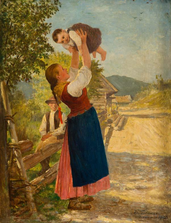 76 ANTONI KOZAKIEWICZ (1841-1929) Zabawa z dzieckiem, 1910 olej/tektura, 33,7 x 26 cm sygnowany,