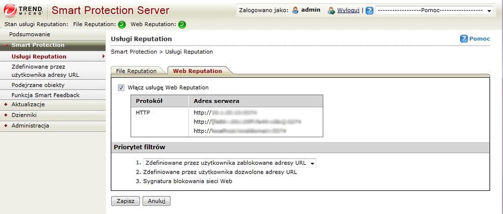 Korzystanie z serwera Smart Protection Server Adres serwera: Używany przez inne produkty firmy Trend Micro do obsługi zapytań do usługi Web Reputation.