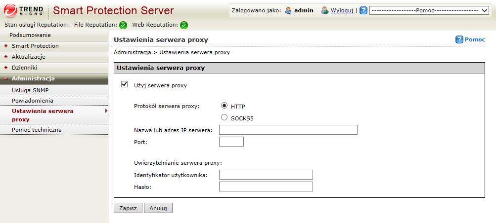 Korzystanie z serwera Smart Protection Server Konfigurowanie ustawień proxy Procedura 1. Przejdź do menu Administracja > Ustawienia serwera proxy. 2.