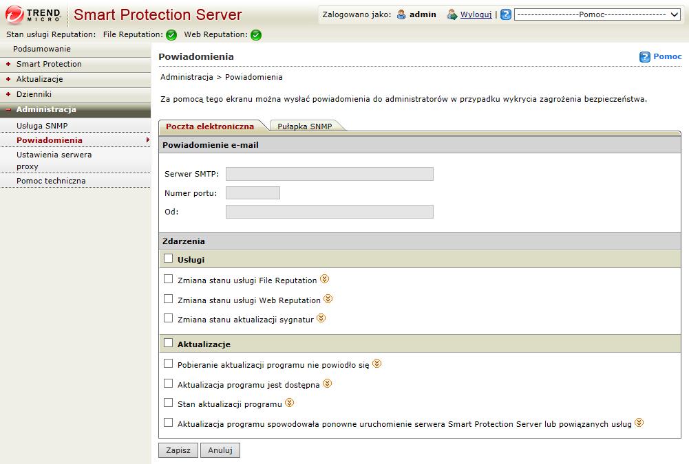 Monitorowanie serwera Smart Protection Server Aktualizacja programu spowodowała ponowne uruchomienie serwera Smart Protection Server lub powiązanych usług: Wybierz tę opcję, by wysłać powiadomienie,