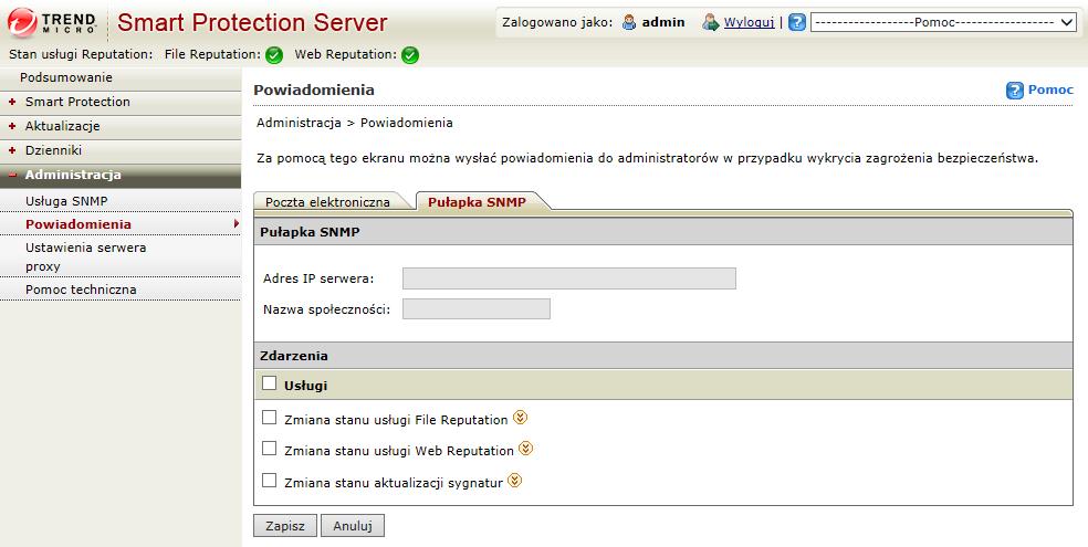 Podręcznik administratora programu Trend Micro Smart Protection Server 3.3 Procedura 1. Przejdź do menu Administracja > Powiadomienia, a następnie do karty SNMP.