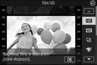 Nagrywaj filmy z rozmiarem klatki 3840 2160 pikseli z Film 4K z szybkością rejestracji 15 kl./s (klatek na sekundę).