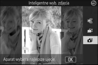 Pozwalanie aparatowi na wybranie momentu (Inteligentne wybieranie zdjęcia) Inteligentne wybieranie zdjęcia pomaga użytkownikowi uchwycić ulotny wyraz twarzy fotografowanej osoby lub podczas innych