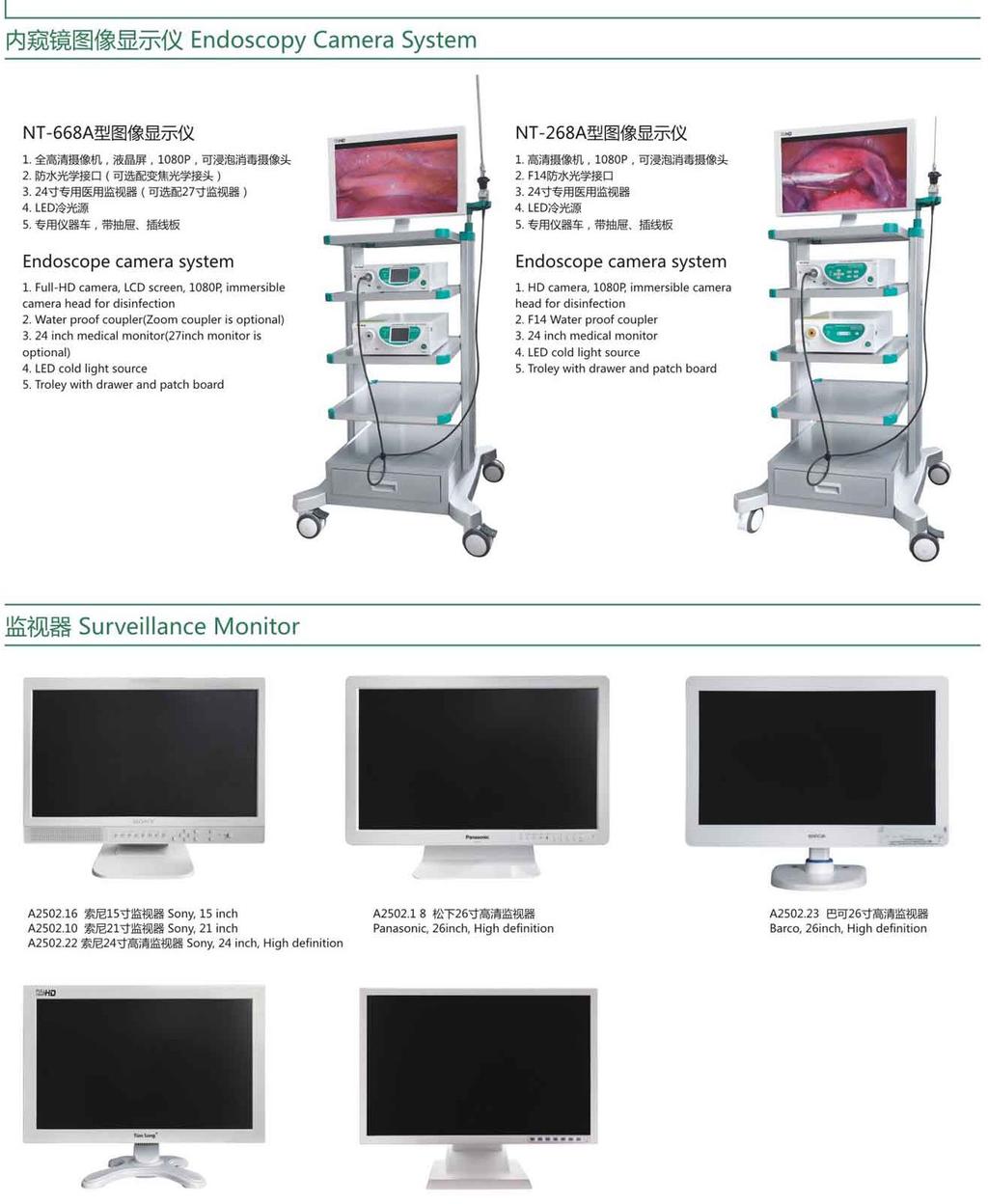 Endoscopy camera system NT-618A NT-268A Endoscopy Camera System Endoscopy Camera System 01. Full - HD camera, LCD screen, 1080P, immersible camera head for disinfection 02. Water prof.