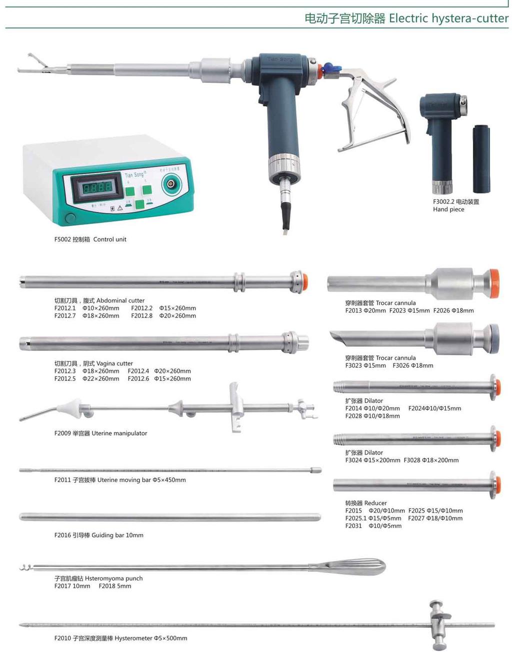Electric hystera-cutter F 3002.2 Hand piece F 5002 Control unit Trocar cannula Abdominal cutter F 2012.1 Ć 10 x 260mm F 2012.2 Ć 15 x 260mm F 3013 F 3023 F 3026 F 2012.7 Ć 18 x 260mm F 2012.