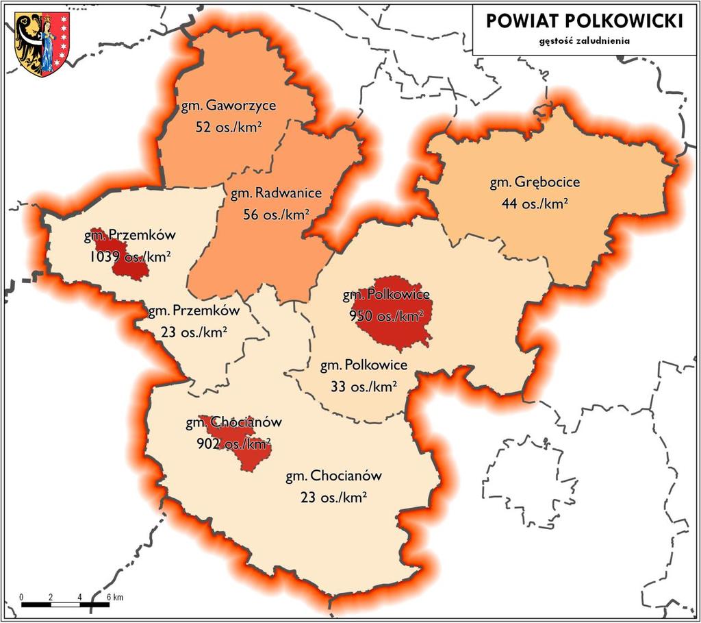 Rys. 6.1.1. Gęstośd zaludnienia poszczególnych gmin powiatu polkowickiego. Źródło: opracowanie własne.