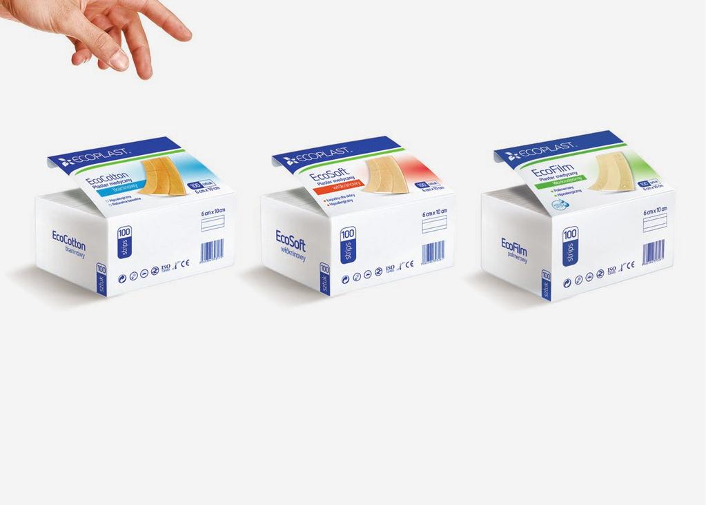 opakowania MEGA-PACK OPAKOWANIA PO 100 SZT. W dużych opakowaniach występują plastry cieszące się największym popytem na bazie tkaniny bawełnianej EcoCotton oraz na bazie włókniny EcoSoſt.