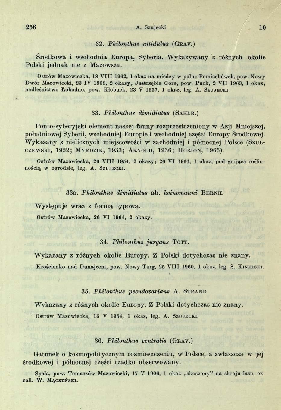 256 A. Szujecki 10 32. Philonthus nitidulus (G rav.) Środkowa i wschodnia Europa, Syberia. Wykazywany z różnych okolic Polski jednak nie z Mazowsza.