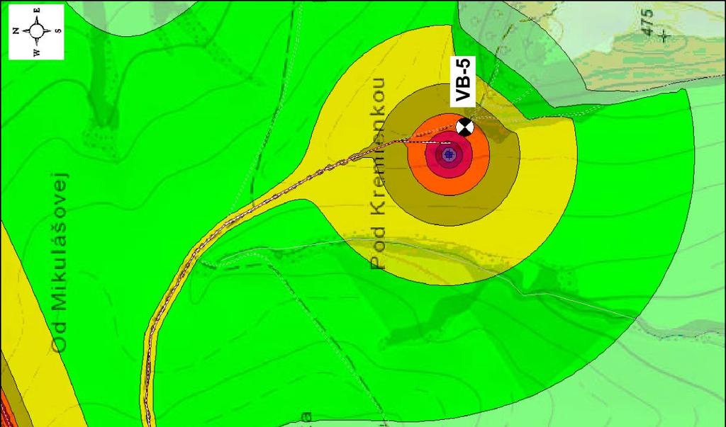 Obr. P2.6 Hluková mapa nočných ekvivalentných hladín A zvuku vo výške 1,5 m.