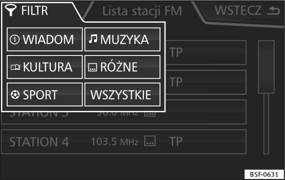 8), komunikaty drogowe (TP) i typ stacji (PTY). W zależności od kraju i urządzenia można dezaktywować RDS w menu Ustawienia FM strona 16.