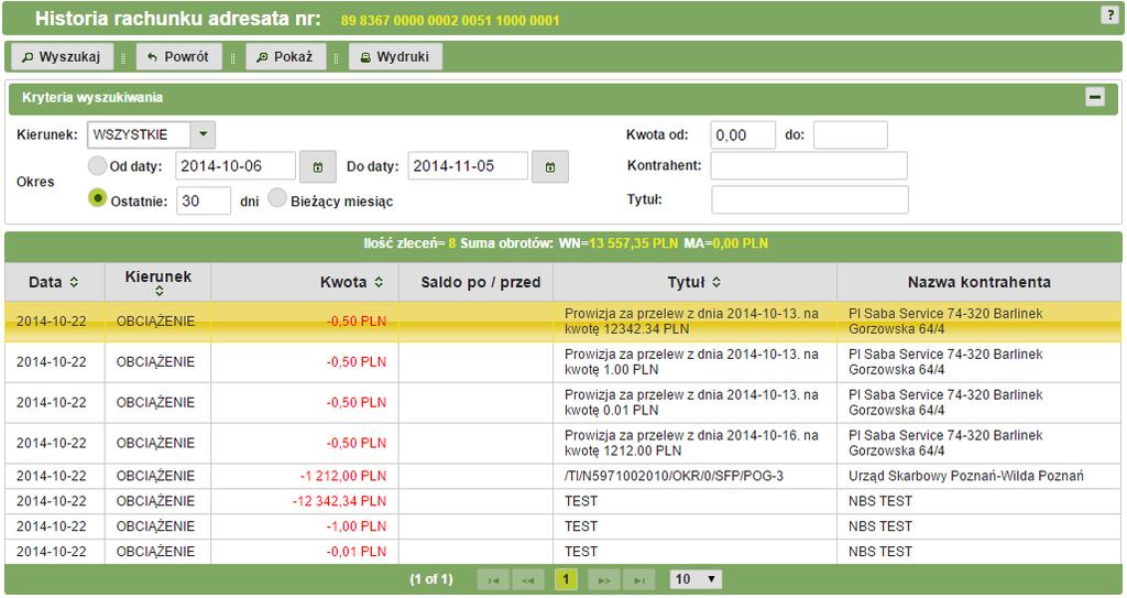 Rys. 3.16: Historia rachunku adresata. 3.4.1.2. Przegląd zestawień dla rachunków W celu przejrzenia zestawienia wybranego przez siebie rachunku należy kliknąć w dany rachunek, a następnie przycisk.