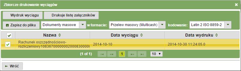 Rys. 3.19: Zbiorcze drukowanie wyciągów. 3.4.1.4. Pliki wyciągów dla rachunków W celu przejrzenia zestawienia wybranego rachunku należy kliknąć w dany rachunek, a następnie przycisk.