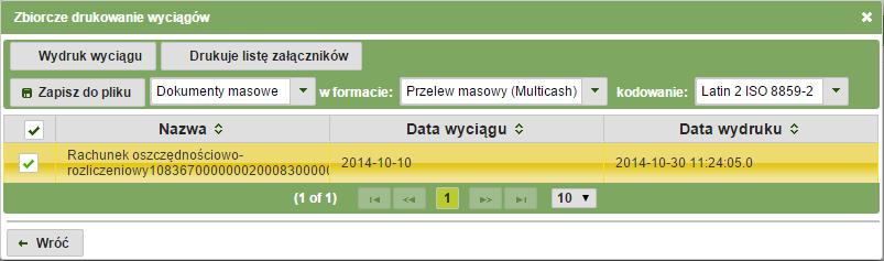 Rys. 3.19: Zbiorcze drukowanie wyciągów. 3.4.1.4. Pliki wyciągów dla rachunków W celu przejrzenia zestawienia wybranego rachunku należy kliknąć w dany rachunek, a następnie przycisk.