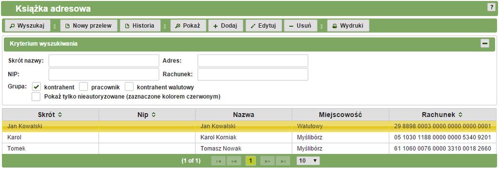 Lista adresatów W celu przejścia do listy adresatów należy z menu głównego wybrać zakładkę Książka adresowa, a następnie Lista adresatów.