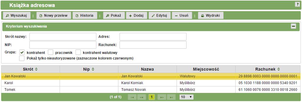 Lista adresatów W celu przejścia do listy adresatów należy z menu głównego wybrać zakładkę Książka adresowa, a następnie Lista adresatów.