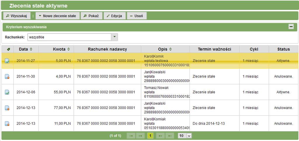 Rys. 3.47: Zlecenia stałe aktywne. W zakładce Zlecenia stałe aktywne klient ma dostęp do następujących opcji: 3.9.2.1.