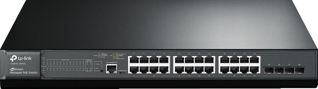 Przełącznik zarządzalny L2 PoE JetStream, 24 porty Gb PoE+, 4 sloty SFP MODEL: Karta katalogowa dla T2600G-28MPS (TL-SG3424P) Zastosowanie produktu Przełącznik T2600G-28MPS wyposażony jest w 24 porty
