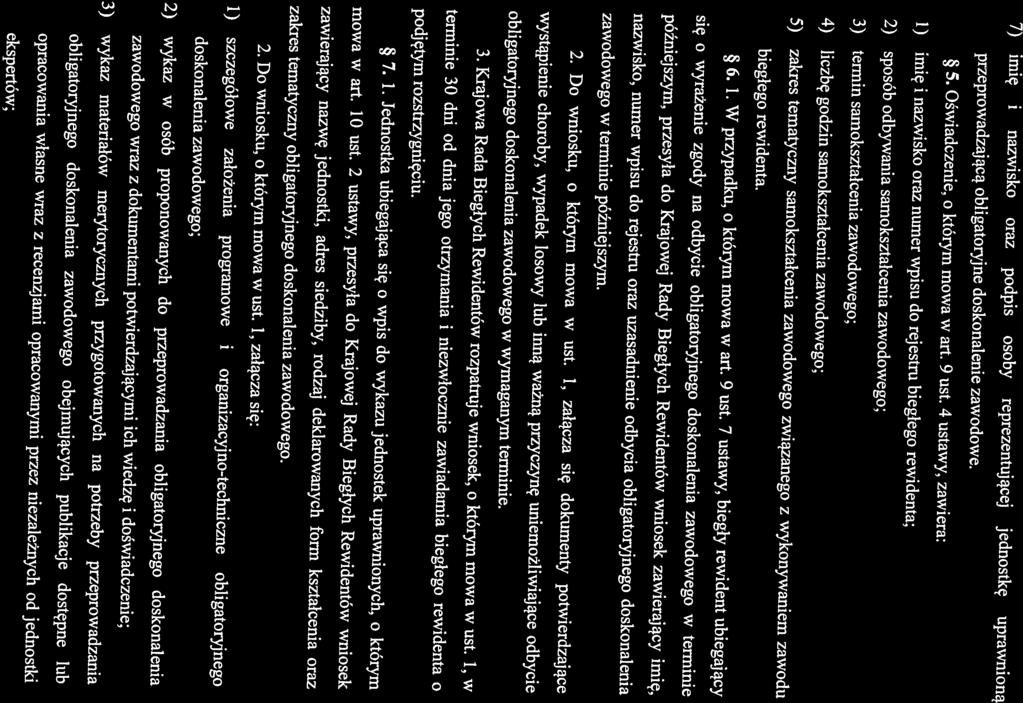 2) sposób odbywania samokształcenia zawodowego; 3) termin samokształcenia zawodowego; 1) imię i nazwisko oraz numer wpisu do rejestru biegłego rewidenta; 5. Oświadczenie, o którym mowa w art. 9 ust.