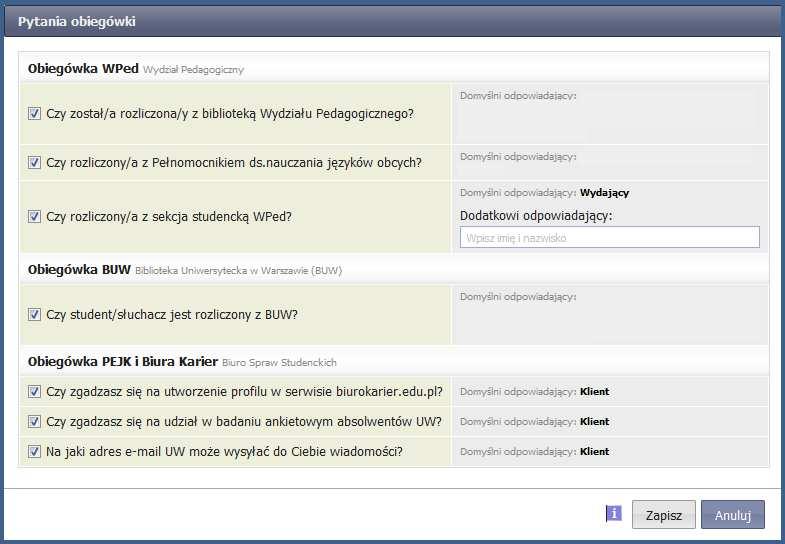 Kopia robocza wydanej obiegówki Można sprawdzić, jakie pytania będą uwzględnione w wydanej obiegówce po naciśnięciu przycisku + wybierz pytania i odpowiadających (rys. 18).
