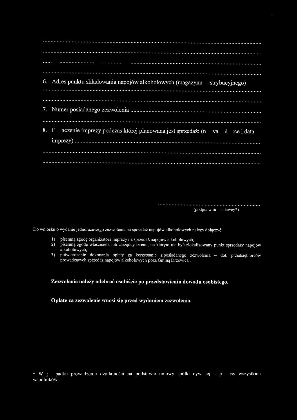 6. Adres punktu składowania napojów alkoholowych (magazynu dystrybucyjnego) 7. Numer posiadanego zezwolenia....... 8.